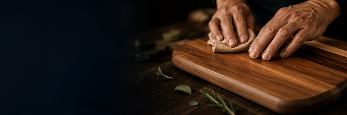 Craftsperson finishing a personalized wooden cutting board