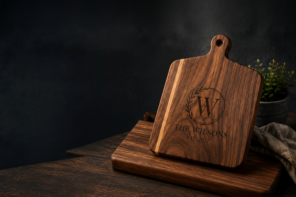 Personalized walnut cutting board engraved with The Wilsons family monogram