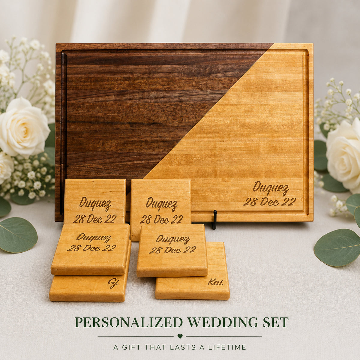 Wedding Gift Set - Cutting Board + Coasters