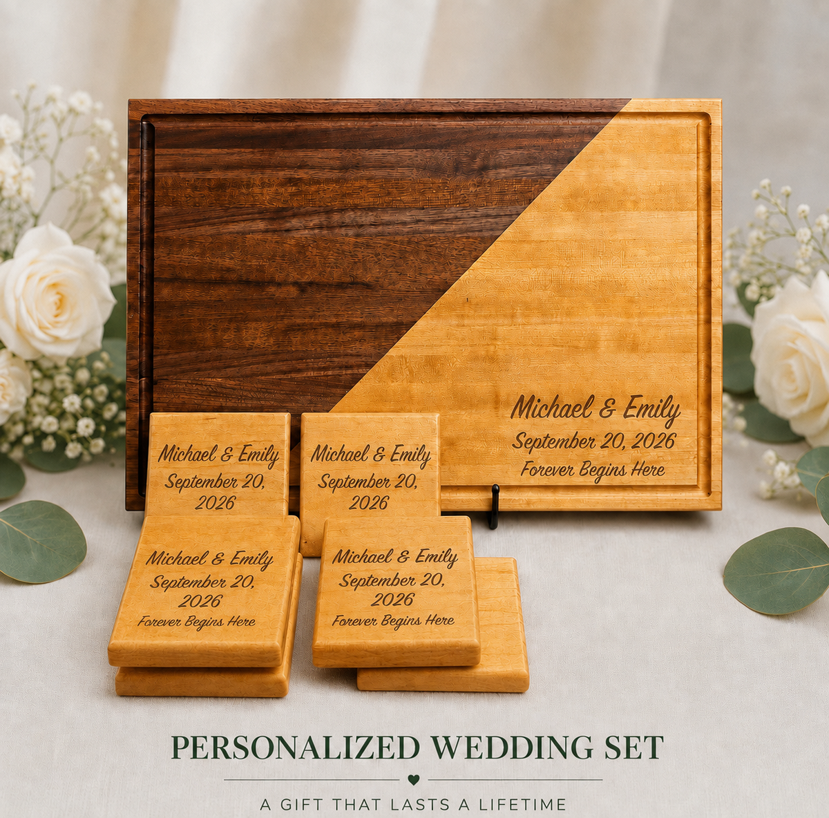 Wedding Gift Set - Cutting Board + Coasters