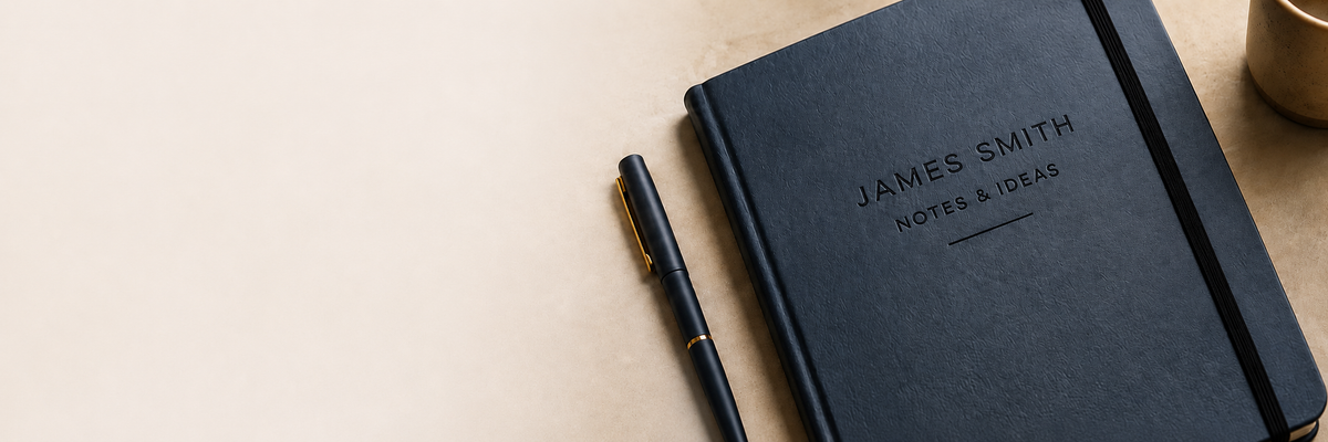Personalized notebook engraved with James Smith beside a matching pen